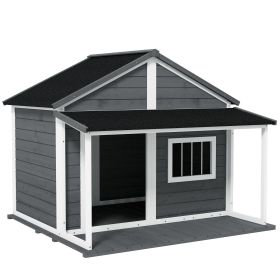 PawHut Outdoor Dog House Cabin Style for Medium/Large Dogs, Wooden Raised Pet Kennel with Asphalt Roof,Loading 53 lbs., Gray